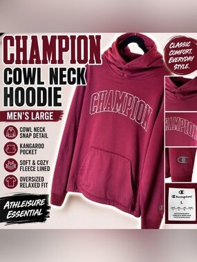 Champion Burgundy Cowl Neck Hoodie Men’s Large Oversized Athleisure Sweatshirt